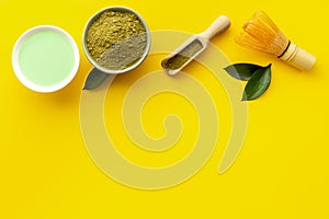 Tea ceremony with matcha powder and hot drink, top view