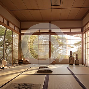 Tea ceremony room with tatami mats. Generative AI