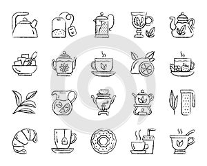 Tea charcoal draw line icons vector set