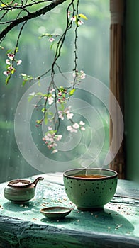 Tea and cherry blossoms against window