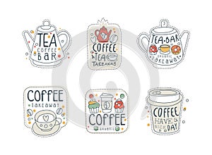 Tea coffee bar labels set. Takeaway drinks hand drawn labels, stickers, prints vector illustration