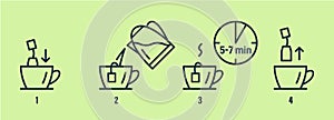 Tea or coffee brewing instruction. Tea, coffee making, brew process icons.