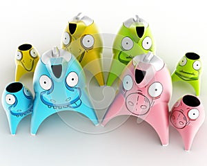 Tea and coffee children`s service designed in the form of cartoon characters stylized for different animals. 3D