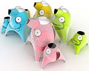Tea and coffee children`s service designed in the form of cartoon characters stylized for different animals. 3D