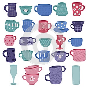 Tea coffee cup set vector illustration. Cartoon vintage teacup collection for english afternoon tea ceremony party or