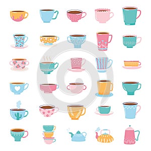 tea and coffee cute trendy crockery with decoration, kettles and cups for beverage