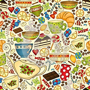 Tea and coffee doodle seamless pattern.