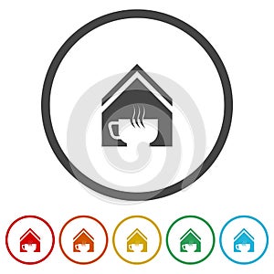 Tea coffee house home icon. Set icons in color circle buttons