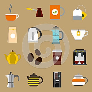 Tea and coffee icons set, flat style