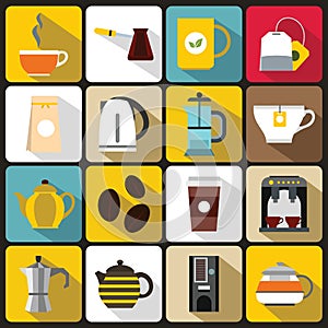 Tea and coffee icons set, flat style