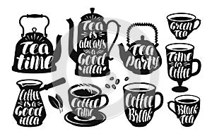 Tea, coffee label set. Vintage kettle, teapot, cup, teacup, hot drink, turk icon or logo. Lettering, calligraphy vector photo