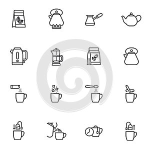 Tea and coffee making line icons set