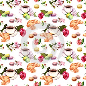 Tea, coffee pattern - flowers, croissant, teacup, macaroon cakes. Watercolor. Seamless