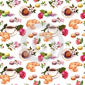 Tea, coffee pattern - flowers, croissant, teacup, macaroon cakes. Watercolor. Seamless