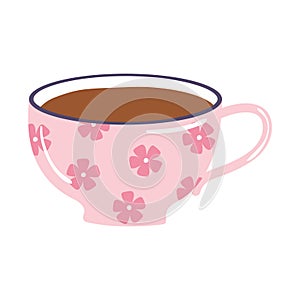 tea and coffee pink cup with cute flowers icon over white background