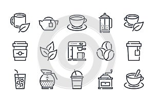 Tea and coffee related line icon set.