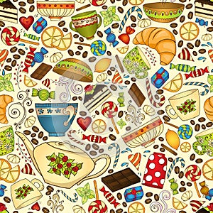 Tea, coffee and sweets seamless pattern.