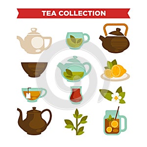 Tea collection of vector cups, teapot and teabags icons set