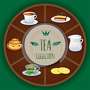 Tea collection vector illustration. Decorative elements and background for your design. Hot drinks set. Cafe theme icons, can be u