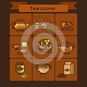 Tea color Icons Set on brown Background. Vector.