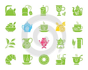 Tea color silhouette icons vector set