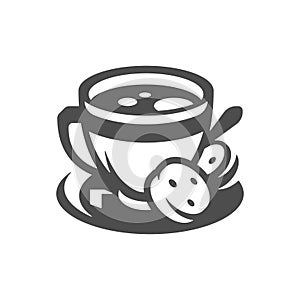 Tea with cookies biscuit and sugar cube in porcelain cup saucer spoon vintage icon vector