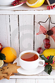 Tea with cookies and oranges for Christmas