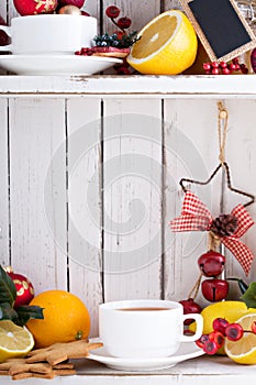 Tea with cookies and oranges for Christmas