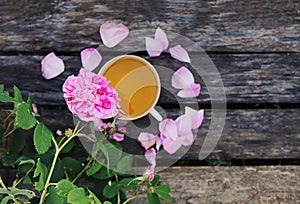 Tea in country style in summer garden in the village. Vintafe cup of green herbal tea on weathered wooden boards and blooming pink