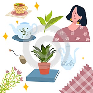 Tea culture icon leaf shoots teapot drink women with flat cartoon style