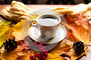 Tea cup and autumn leafs on the table.