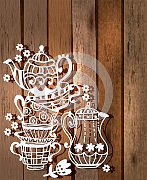 Tea cup background with teapot and jar