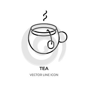 Tea cup black line icon green hot drink vector