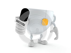 Tea cup character holding interview microphone