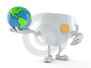 Tea cup character holding world globe
