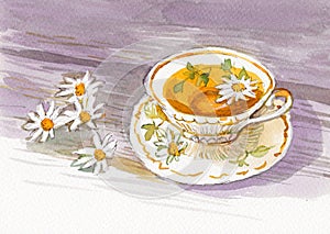 Tea cup with daises flower watercolor painting