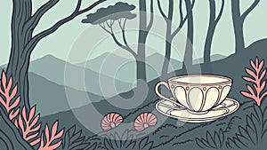 Tea Cup in Forest Landscape Vector Illustration, vector design Generative AI