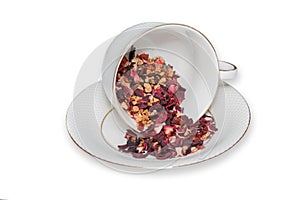 Tea Cup of fruit tea leaves on white background