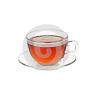 Tea Cup and glass saucer with black made liquid tea isolated on white background