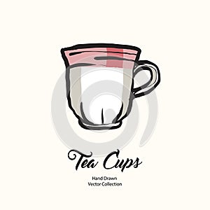 Tea cup hand drawn vector illustration old style. Vector line illustration isolated white pink mug cafe menu, logo