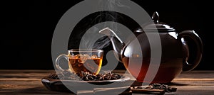 tea cup and kettle, steaming tea, International Tea Day concept background with free copy space