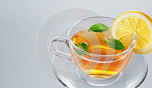 Tea in cup with leaf mint and lemon