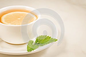 tea cup with a lemon and mint/tea cup with a lemon and mint on a white marble background closeup. Selective focus