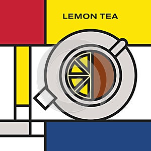 Tea cup with lemon and sugar. Modern style art with rectangular colour blocks.