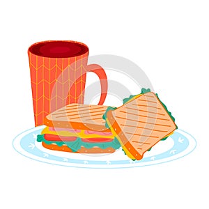 Tea cup with morning breakfast sandwich foodstuff on kitchen plate, bread burger ham and cheese luncheon isolated on