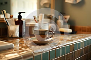 tea cup resting on a tiled bathroom counter with toiletries around