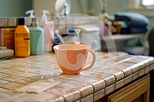 tea cup resting on a tiled bathroom counter with toiletries around