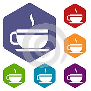 Tea cup and saucer icons set hexagon