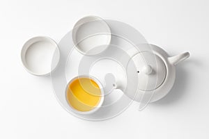 Tea cup set with teapot, mockup on white background