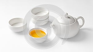Tea cup set with teapot on white background, mockup
